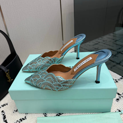 AQUAZZURA 26S HEEL MULES 85 MM IN METALLIC LIGHT BLUE SEQUIN AND CALFSKIN