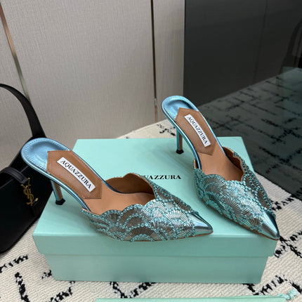 AQUAZZURA 26S HEEL MULES 85 MM IN METALLIC LIGHT BLUE SEQUIN AND CALFSKIN