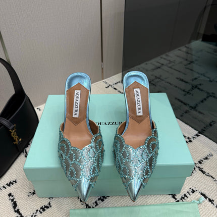 AQUAZZURA 26S HEEL MULES 85 MM IN METALLIC LIGHT BLUE SEQUIN AND CALFSKIN