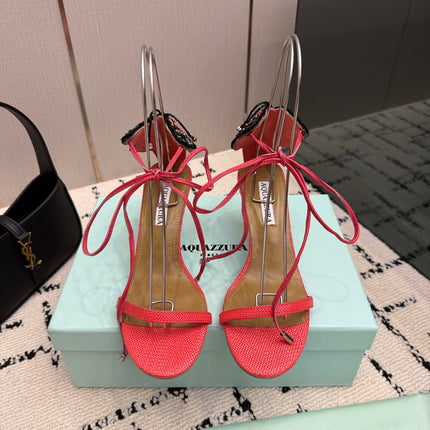 AQUAZZURA 26S HEEL SANDALS 80 MM IN PINKISH RED WOVEN FABRIC