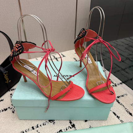 AQUAZZURA 26S HEEL SANDALS 80 MM IN PINKISH RED WOVEN FABRIC