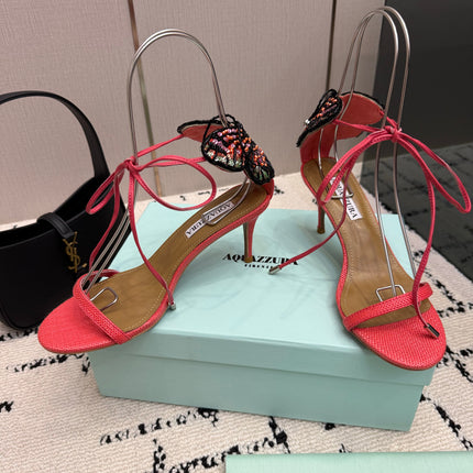 AQUAZZURA 26S HEEL SANDALS 80 MM IN PINKISH RED WOVEN FABRIC