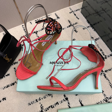 AQUAZZURA 26S HEEL SANDALS 80 MM IN PINKISH RED WOVEN FABRIC