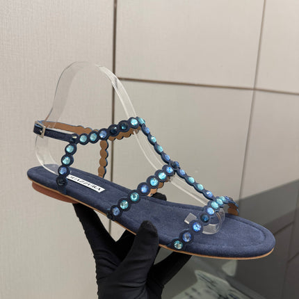AQUAZZURA 26S FLAT SANDALS IN NAVY BLUE SUEDE CRYSTAL-EMBELLISHED