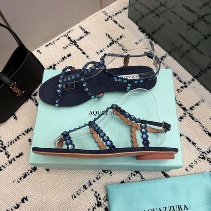 AQUAZZURA 26S FLAT SANDALS IN NAVY BLUE SUEDE CRYSTAL-EMBELLISHED