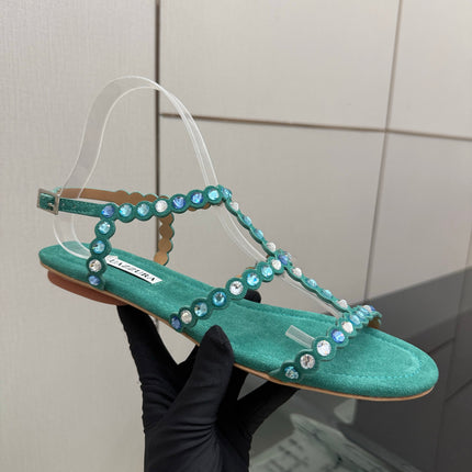 AQUAZZURA 26S FLAT SANDALS IN EMERALD GREEN SUEDE CRYSTAL-EMBELLISHED