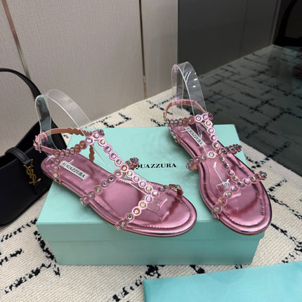 AQUAZZURA 26S FLAT SANDALS IN METALLIC PINK LAMBSKIN CRYSTAL-EMBELLISHED