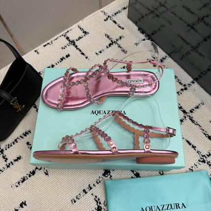 AQUAZZURA 26S FLAT SANDALS IN METALLIC PINK LAMBSKIN CRYSTAL-EMBELLISHED