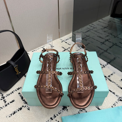 AQUAZZURA 26S FLAT SANDALS IN DARK BROWN LAMBSKIN CRYSTAL-EMBELLISHED