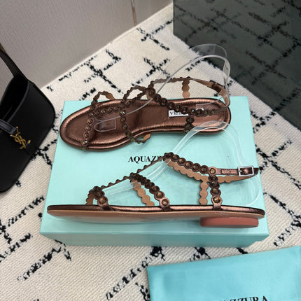 AQUAZZURA 26S FLAT SANDALS IN DARK BROWN LAMBSKIN CRYSTAL-EMBELLISHED