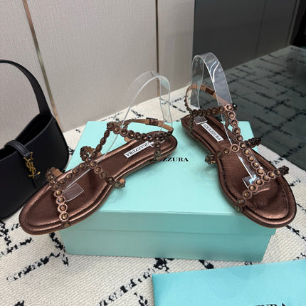 AQUAZZURA 26S FLAT SANDALS IN DARK BROWN LAMBSKIN CRYSTAL-EMBELLISHED