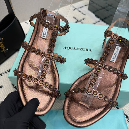 AQUAZZURA 26S FLAT SANDALS IN DARK BROWN LAMBSKIN CRYSTAL-EMBELLISHED