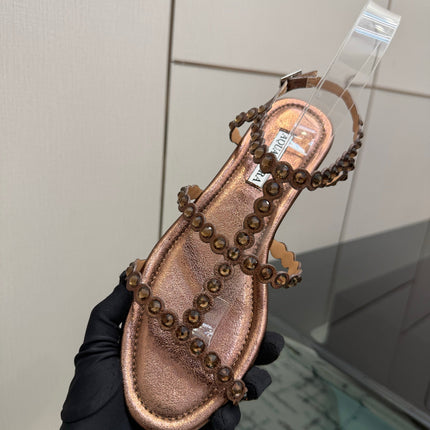 AQUAZZURA 26S FLAT SANDALS IN DARK BROWN LAMBSKIN CRYSTAL-EMBELLISHED