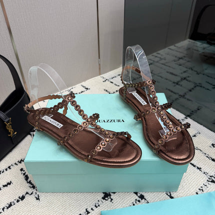 AQUAZZURA 26S FLAT SANDALS IN DARK BROWN LAMBSKIN CRYSTAL-EMBELLISHED