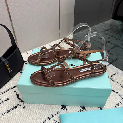 AQUAZZURA 26S FLAT SANDALS IN DARK BROWN LAMBSKIN CRYSTAL-EMBELLISHED
