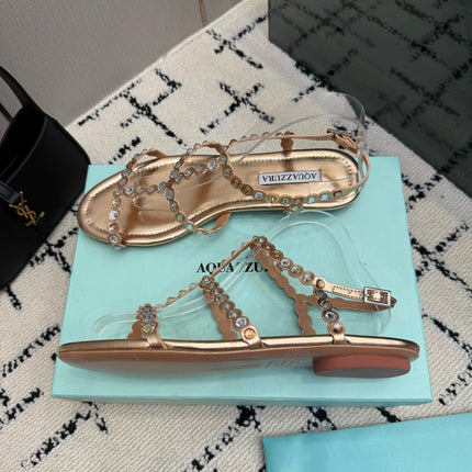 AQUAZZURA 26S FLAT SANDALS IN ROSE GOLD LAMBSKIN CRYSTAL-EMBELLISHED