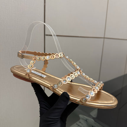 AQUAZZURA 26S FLAT SANDALS IN ROSE GOLD LAMBSKIN CRYSTAL-EMBELLISHED