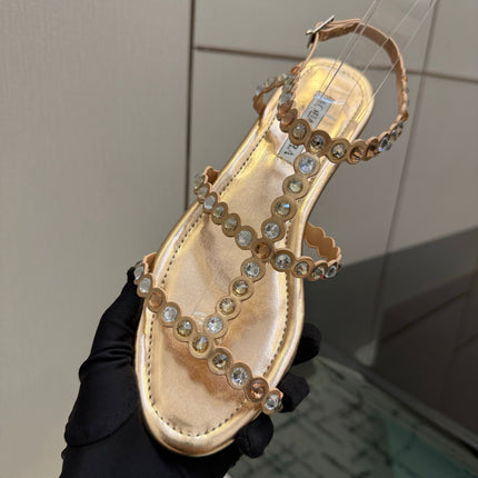 AQUAZZURA 26S FLAT SANDALS IN ROSE GOLD LAMBSKIN CRYSTAL-EMBELLISHED