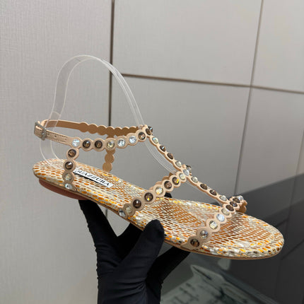 AQUAZZURA 26S FLAT SANDALS IN METALLIC BRONZE SNAKESKIN CRYSTAL-EMBELLISHED