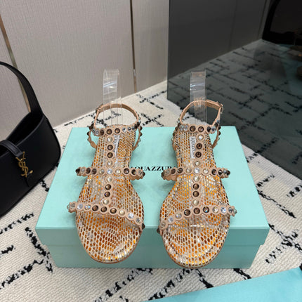 AQUAZZURA 26S FLAT SANDALS IN METALLIC BRONZE SNAKESKIN CRYSTAL-EMBELLISHED