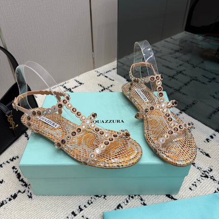 AQUAZZURA 26S FLAT SANDALS IN METALLIC BRONZE SNAKESKIN CRYSTAL-EMBELLISHED
