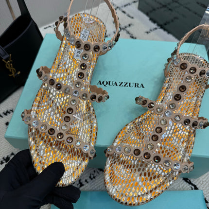 AQUAZZURA 26S FLAT SANDALS IN METALLIC BRONZE SNAKESKIN CRYSTAL-EMBELLISHED