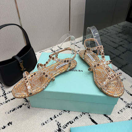 AQUAZZURA 26S FLAT SANDALS IN METALLIC BRONZE SNAKESKIN CRYSTAL-EMBELLISHED
