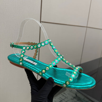 AQUAZZURA 26S FLAT SANDALS IN EMERALD GREEN SNAKESKIN CRYSTAL-EMBELLISHED