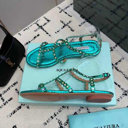 AQUAZZURA 26S FLAT SANDALS IN EMERALD GREEN SNAKESKIN CRYSTAL-EMBELLISHED