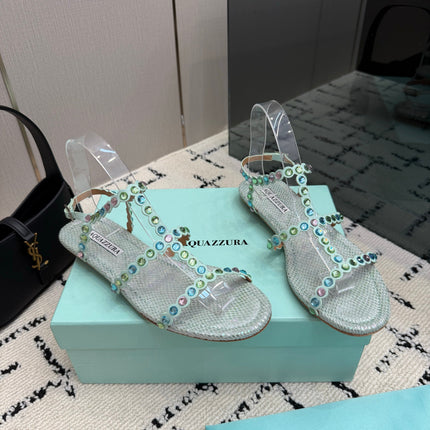 AQUAZZURA 26S FLAT SANDALS IN METALLIC MINT SNAKESKIN CRYSTAL-EMBELLISHED