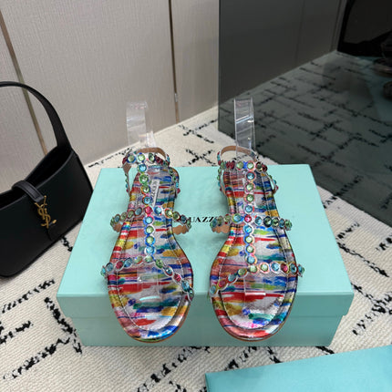 AQUAZZURA 26S FLAT SANDALS IN MULTICOLOR LAMBSKIN CRYSTAL-EMBELLISHED