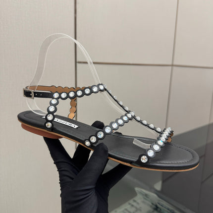AQUAZZURA 26S FLAT SANDALS IN BLACK LAMBSKIN CRYSTAL-EMBELLISHED