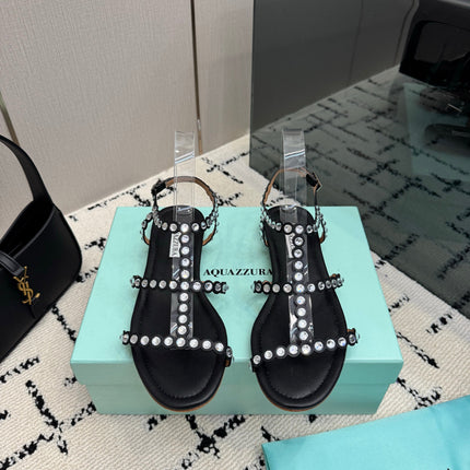 AQUAZZURA 26S FLAT SANDALS IN BLACK LAMBSKIN CRYSTAL-EMBELLISHED