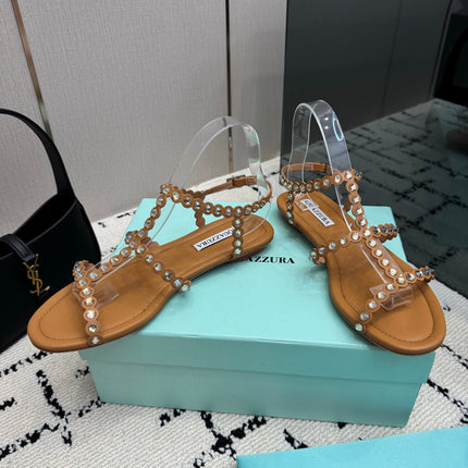 AQUAZZURA 26S FLAT SANDALS IN BROWN LAMBSKIN CRYSTAL-EMBELLISHED