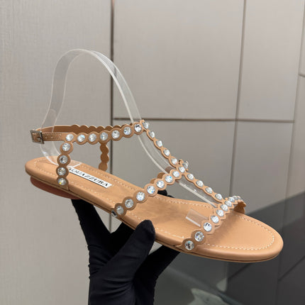 AQUAZZURA 26S FLAT SANDALS IN NUDE LAMBSKIN CRYSTAL-EMBELLISHED
