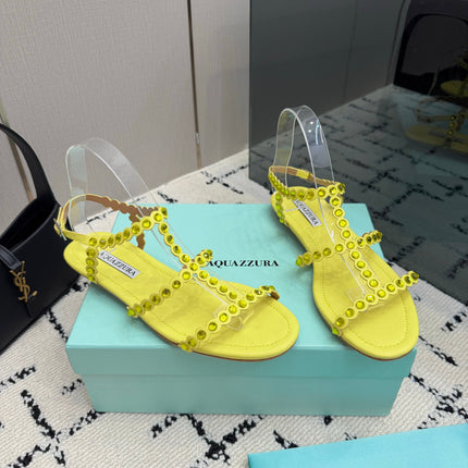 AQUAZZURA 26S FLAT SANDALS IN YELLOW LAMBSKIN CRYSTAL-EMBELLISHED