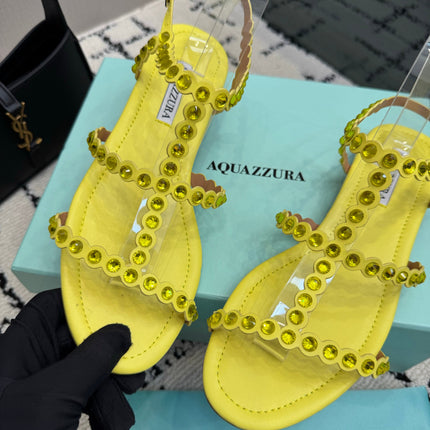 AQUAZZURA 26S FLAT SANDALS IN YELLOW LAMBSKIN CRYSTAL-EMBELLISHED