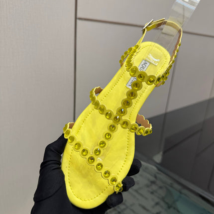 AQUAZZURA 26S FLAT SANDALS IN YELLOW LAMBSKIN CRYSTAL-EMBELLISHED