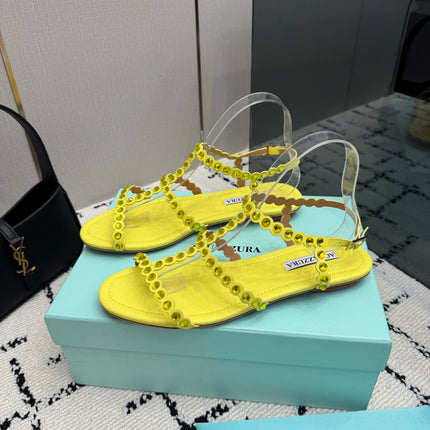 AQUAZZURA 26S FLAT SANDALS IN YELLOW LAMBSKIN CRYSTAL-EMBELLISHED