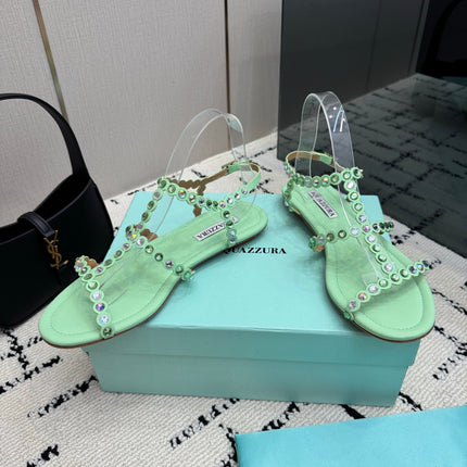 AQUAZZURA 26S FLAT SANDALS IN MINT GREEN LAMBSKIN CRYSTAL-EMBELLISHED