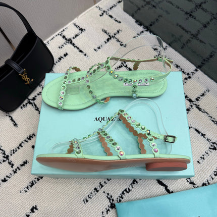 AQUAZZURA 26S FLAT SANDALS IN MINT GREEN LAMBSKIN CRYSTAL-EMBELLISHED