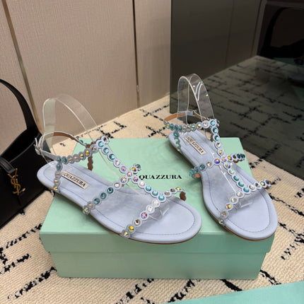 AQUAZZURA 26S FLAT SANDALS IN PASTEL BLUE LAMBSKIN CRYSTAL-EMBELLISHED