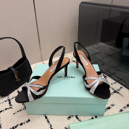 AQUAZZURA 26S HEEL SANDALS 80 MM IN BLACK SATIN CRYSTAL STONES