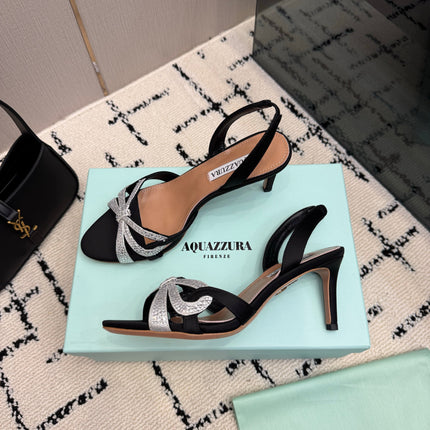 AQUAZZURA 26S HEEL SANDALS 80 MM IN BLACK SATIN CRYSTAL STONES