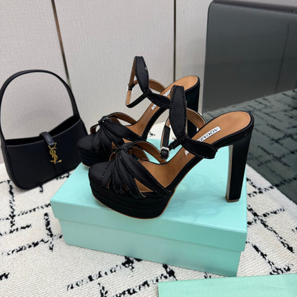AQUAZZURA 26S HEEL SANDALS 135 MM IN BLACK SATIN RHINESTONE