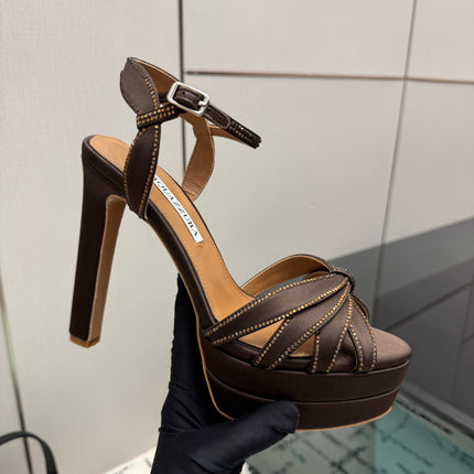 AQUAZZURA 26S HEEL SANDALS 135 MM IN DARK BROWN SATIN RHINESTONE