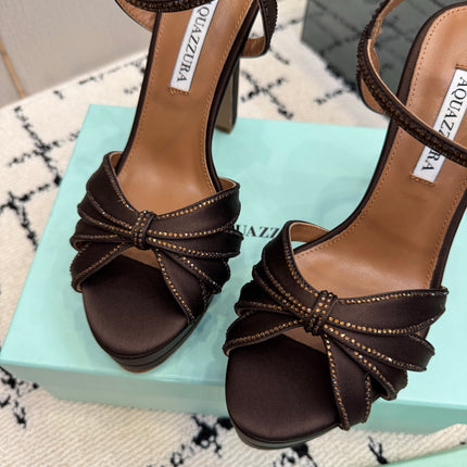 AQUAZZURA 26S HEEL SANDALS 135 MM IN DARK BROWN SATIN RHINESTONE