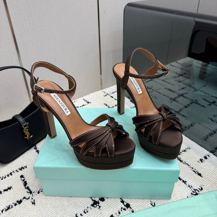 AQUAZZURA 26S HEEL SANDALS 135 MM IN DARK BROWN SATIN RHINESTONE