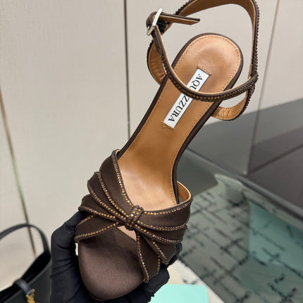 AQUAZZURA 26S HEEL SANDALS 135 MM IN DARK BROWN SATIN RHINESTONE