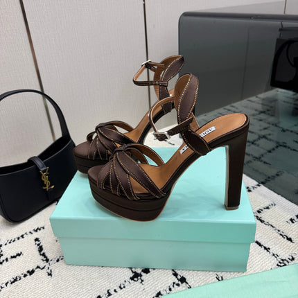 AQUAZZURA 26S HEEL SANDALS 135 MM IN DARK BROWN SATIN RHINESTONE